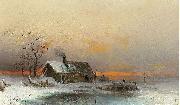 wilhelm von gegerfelt Winter picture with cabin at a river oil painting